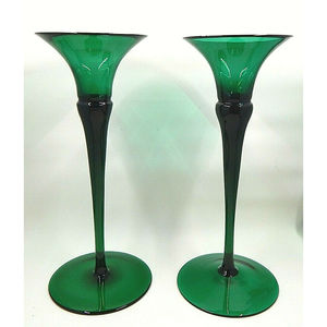 Oneida Emerald Green Trumpet Shaped Lead Crystal Candleholders Hand Blown